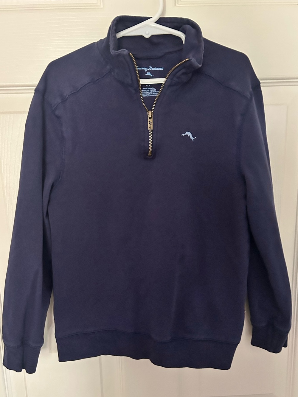Boys, Tommy Bahama, Navy Quarter-Zip Pullover w/ Light Blue Marlin Embroidery